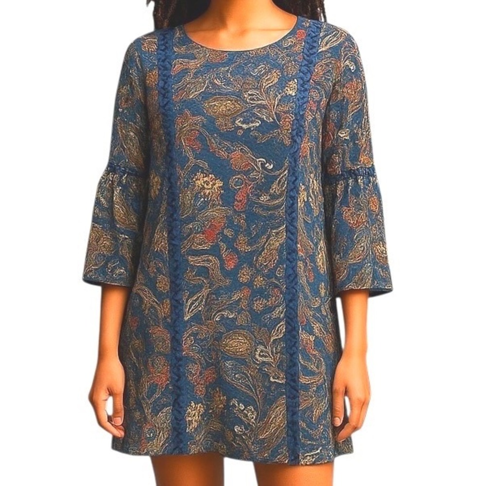 DR2 Daniel Rainn Paisley Shift Dress Open Trim Bell Sleeves Blue Red Size L